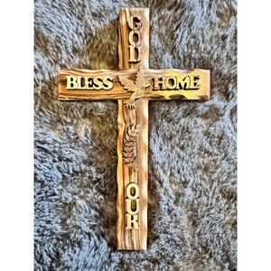 Carved Olive Wood Wall Hanging Cross 8”x5” Jerusalem Holyland God bless our home